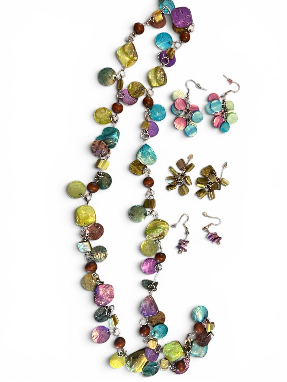 Multicolor Shell Drop Necklace and Cluster Earring Set